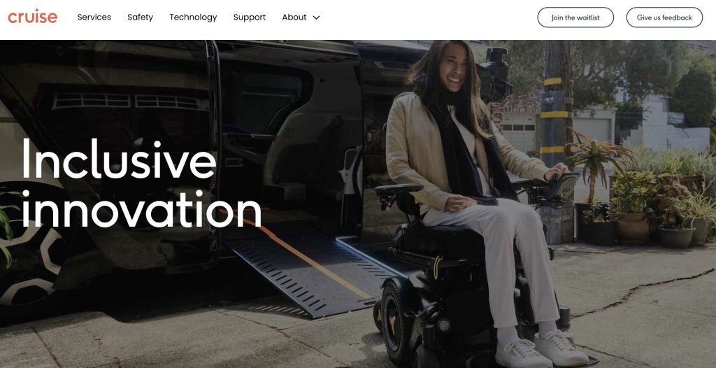 Screenshot of Cruise homepage showing photo of woman using a wheelchair